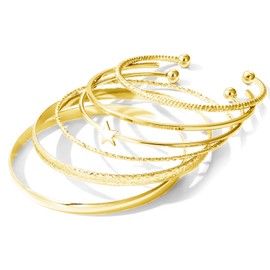 17IF Gold Bangle Bracelet For Women Girls 14k Plated Stack Cuff Bracelets Set Trendy Boho Textured Indian Punk Chunky Cable Smooth Bangles Pack Elegance Minimalist Jewelry Gift, adjustable, Copper, no