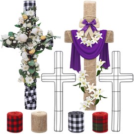 Treela 4 Set Cross Metal Wreath Frame with Ribbon Burlap Buffalo Plaid Ribbon 16 Inch Cross Shaped Metal Wire Wreath Form for Easter Garden Religious Church DIY Craft Project Indoor Outdoor Decoration