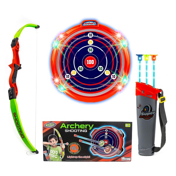 Toysery Bow and Arrow for Kids with LED Flash Lights - Archery Set with 3 Suction Cups Arrows, Target, and Quiver, Practice Outdoor Toys Archery Set for Children Above 6 Years Old, (Light Green)