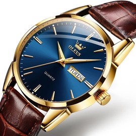 OLEVS Brown Leather Watch for Men Day Date Men Watch Fashion Business Dress Men's Wrist Watch Luminous Waterproof Men Watches Blue Big Face Watches for Men Quartz Classic Casual Male Watch
