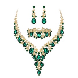 BriLove Women's Wedding Bridal Austrian Crystal Teardrop Flower Cluster Statement Necklace Dangle Earrings Link Bracelet Jewelry Set for Bride Bridesmaid Party Prom Emerald Color Gold-Tone