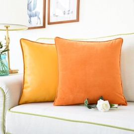 CaliTime Throw Pillow Cases Pack of 2 Modern Ultra Soft Faux Leather Gorgeous Velvety Faux Cashmere Decorative Cushion Covers Shells for Couch Sofa Home Farmhouse 18 X 18 Inches Orange