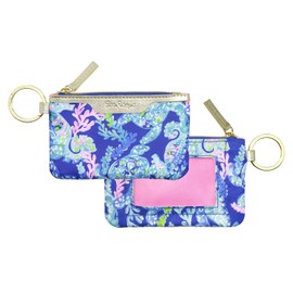 Lilly Pulitzer ID Case Keychain Wallet with Zip Close, Cute Durable Card Holder for Women Teen Girls, Turtle Villa