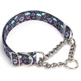 Martingale Collar for Dogs with Skull Design, Trainer Approved Limited Slip Collar with Stainless Steel Chain, Adjustable No Choke Dog Collar, Breeds Training, Walking, Hunting (M)