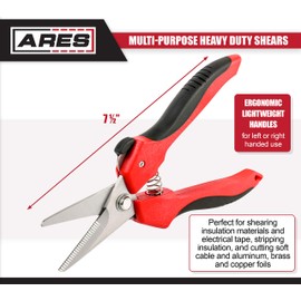 ARES 32005-7 1/2-Inch Multi-Purpose Shears - Finely Serrated High Carbon Stainless Steel Blades - Cuts Wire, Insulation, Soft Cable and More
