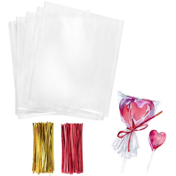 Morepack Cellophane Treat Bags,3x4 Inches Clear Cellophane Bags 200 Pcs OPP Plastic Treat Bags with 200 Twist Ties for Gift Wrapping,Packaging Lollipop,Candies,Dessert,Cakepop, Cookies, Chocolate