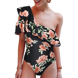 Hilor Women's One Piece Swimsuits One Shoulder Asymmetric Swimwear Ruffled Bathing Suits Monokini Black & Floral 6