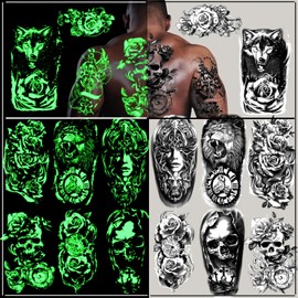 24 Sheets Glow in the Dark Temporary Tattoos, Wolf, Lion, Skull, Fake Waterproof Tattoo Stickers for Women and Men, Tiny Body Tattoos for Rave of Festival Party Makeup
