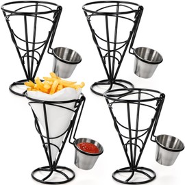 Peohud 4 Pack French Fries Stands, Chip Cone Basket Fry Holder with Sauce Dipper, Metal Wire Snack Fried Chicken Display Rack for Food Appetizers Party Kitchen Restaurant Buffet Cafe Table Serving