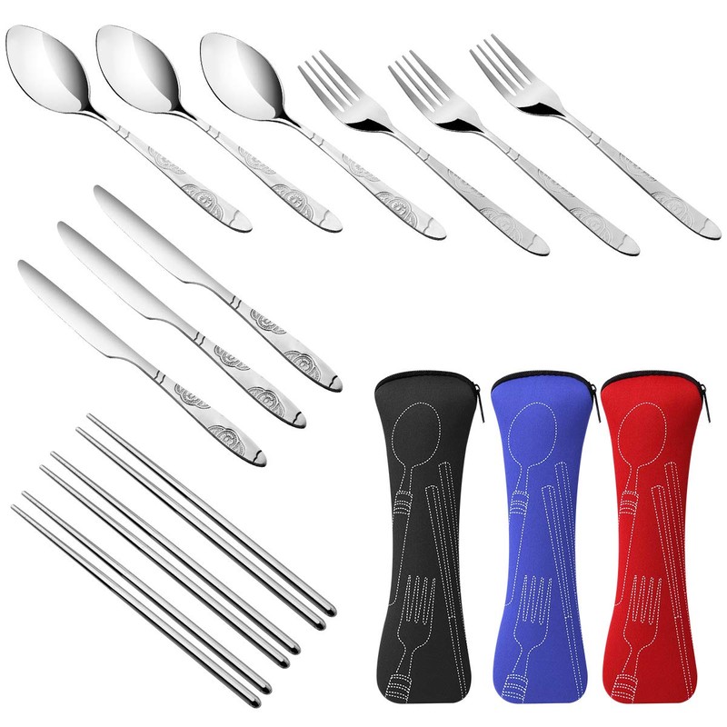 Arroyner 3 Pack Reusable Flatware Sets Knife, Fork, Spoon, Chopsticks,