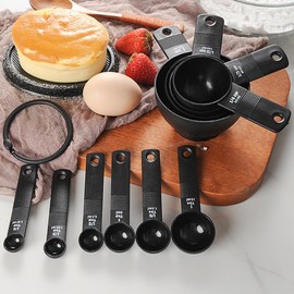 Measuring Cups and Spoons Set 10 Pieces, Durable Plastic Kitchen Measuring Spoons with Easy-Read Double Markings, Hang Hole and Nesting for Easy Kitchen Storage, Dishwasher Safe(Black)