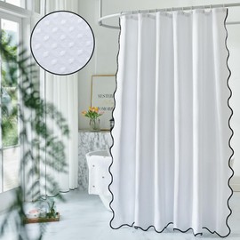youngseahome Waffle Weave 230GSM Heavy Duty Fabric with Black Scalloped Border Shower Curtain,Boho Chic Cloth Shower Curtain for Bathroom Showers,72 x 84 Inches