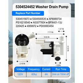 5304524452 Washer Drain Pump Fit for Frigidaire Kenmore Crosley, Washing Machine Water Pump Replace 5304515673 5304500535 AP6989734 PS16218540 A03077604 BPX401-13J 220425 4959972 PD00063454
