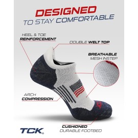 TCK USA No Show Socks for Men & Women - Soft Cushioned Patriotic Low Cut Sock for Golf, Running, Training | Targeted Compression (Large) - White/Navy/Scarlet/USA,Large