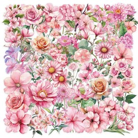 Transparent Flower Stickers for Scrapbooking 50pcs Aesthetic Pink Flowers Stickers Pack for Kids Girls & Adults Cute Craft Sticker for Water Bottle Journaling Scrapbooking Laptop (F)