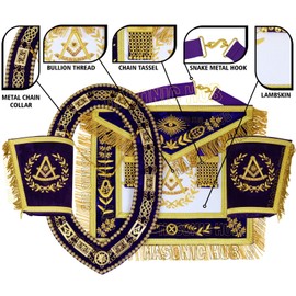 MASONIC GRAND LODGE PAST MASTER 100% LAMBSKIN APRON WITH CHAIN COLLA + CUFFS SET