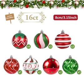 SVNVIOZ Pack of 16 8 cm Christmas Baubles Red White Green Christmas Tree Baubles Plastic Decoration Christmas Shatterproof Christmas Tree Decorations Christmas Tree Baubles for Christmas Decoration