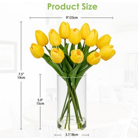DILATATA 12 Pcs Artificial Real Touch Tulips Flowers in Glass Vase with Faux Water, Tulips Fake Arrangements Yellow Tulips with Vase for Dining Table Home Decor Wedding Centerpieces