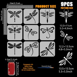 FINGERINSPIRE 9 PCS Dragonfly Stencils for Painting with Brush 5.9x5.9inch Reusable Flying Dragonfly Template Hollowed Flower Leaves Stencil Animal Theme Template for Wall Floor Furniture Decoration