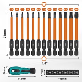 EFUTURETIME 13-Piece 75 mm 1/4 Inch Torx Long Screwdriver Bit Set, T5 T6 T7 T8 T9 T10 T15 T20 T25 T27 T30 T35 T40, Bit Set Long Magnetic with Torx Screwdriver, Torx Bit Made of S2 Steel
