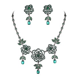 BriLove Wedding Bridal Jewelry Crystal Rhinestones Leaf Vine Teardrop Hollow Rose Flower Cluster Statement Necklace Dangle Earrings Set for Women Emerald Color Black-Tone