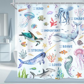 Riyidecor Kids Beach Ocean Shower Curtain for Bathroom Decor 72Wx72H You are Positive Quotes Funny Fish Whale Shark Child Boys Girls Art Printed Fabric Polyester Waterproof 12 Pack Plastic Hooks