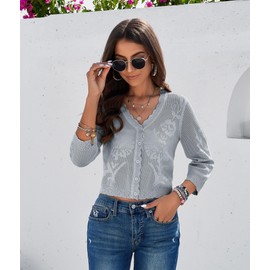 Kate Kasin Women's 3/4 Sleeve Cardigans Sweater Soft Lightweight V Neck Button Down Crochet Knit Textured Shrugs for Dress Small