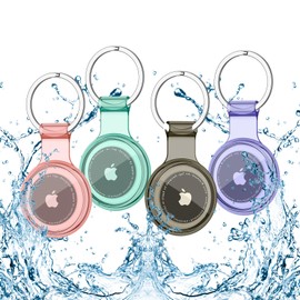Airtag Holder [4 Pack], Full-Sealed Waterproof AirTag Keyring, Colored Transparency Airtag Case, 360-degree Protection (Green+Violet+Rose+Black)