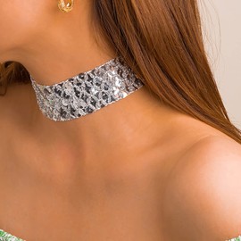 TseenYi Punk Silver Sequin Choker Necklace Fish Scales Sequin Wide Necklace Gothic Silver Mesh Necklace Lace Velvet Choker Luxury Thick Short Collar Necklace Jewelry for Women and Girls
