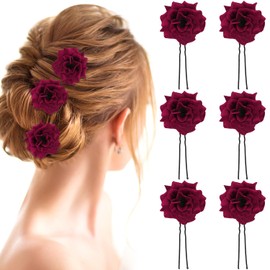 UHONEMY 6pcs Red Rose Flower Hair Clips U Shape Bridal Wedding Hair Pins Vintage Rose Hair Accessories Floral Head Hairpin for Women Girls Bridal Wedding Prom Party