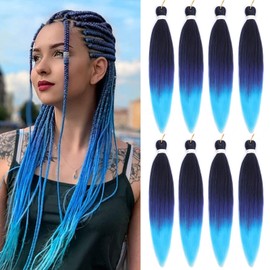 FLWAL Pre-Stretched Braiding Hair Synthetic Fiber EZ Braid 8 packs 26 inch Professional Itch Free Synthetic Fiber Corchet Braids Hot Water Setting Braid Yaki Texture Hair Extensions (1B/ Blue/Light Blue)