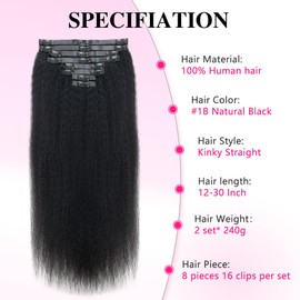 Tahikie Extensiones De Cabello Humano Con Clip Invisible, Paquete De 2, 240 G, 16 Unidades, Rizado, Liso, Invisibles, Para Mujer, Con Inyección En Toda La Cabeza, Remy, Color Natural, 16 Pulgadas