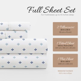 Linen Market Double-Brushed Patterned Microfiber Full Sheet Set 4 Piece – Oeko-TEX Certified Ultra Soft & Wrinkle-Free - 16" Deep Pocket Sheets - Easy Care Full Size - Lily Navy