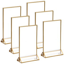 Elitecran Pack of 6 Acrylic Sign Holders with Golden Edge, Double-Sided Table Menu Stand, Place Card Holder, Clear Menu Holder Display, Picture Frame with Vertical Stand for Wedding Table Number Photo