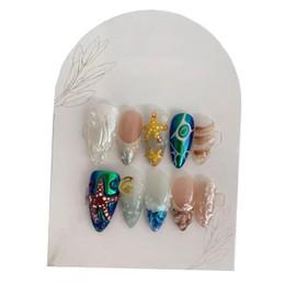 Almond Press on Nails Handmade Medium Long/Stiletto 3D Flower Fake Nail with Designs, Women Reusable False Nails (Ocean Starfish, S)