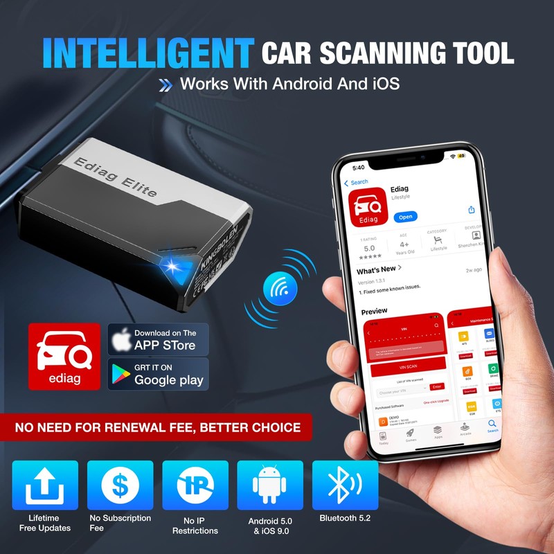 Ediag Elite KINGBOLEN Bluetooth OBD2 Scanner, Lifetime Free Update Bi-Directional