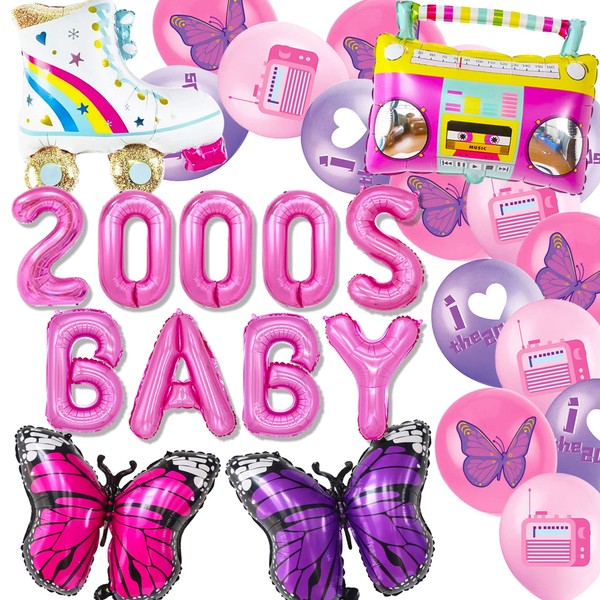 JeVenis 2000s Baby Party Decor Y2K Early 2000s Party Backdrop Banner Y2k Pink Party Backdrop Butterfly Foil Balloons Y2k Balloons Birthday Party Decor Supplies
