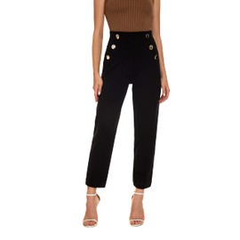 NuNu Yong Women's Casual High Waisted Ankle Cropped Pants Elastic Waistband Slant Pockets with Metal Buttons Medium Black