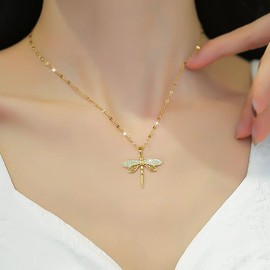 ALRNBY Dragonfly Necklace for Women Gold Chain Necklace Dainty Stainless Steel Choker Necklace Non Tarnish Cubic Zirconia Gold Plated Pendant Necklace Trendy (Gold-2)