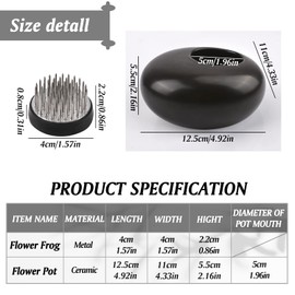 WANDIC Flower Arrangement Accessories Round Flower Frog and Ceramic Flower Pot Shiny Black Pebble Flower Pot for Ikebana Flower Art Home Office Decoration