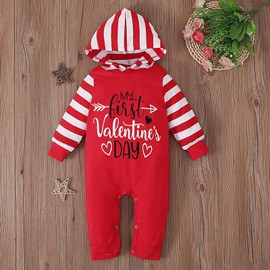 Newborn Baby My 1st Valentine's Day Outfit Girls Cute Infant Romper Jumpsuit Cotton Red Heart Printed Clothes with Headwear (Striped Red, 0-3 Months)