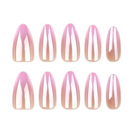 LPOODDNU Gradient Pink Press on Nails Almond Shape Fake Nails with Chrome Designs Glossy Acrylic False Nails Cute Artificial Nails French Manicure Nails Press ons Plating Glue on Nails for Women 24Pcs