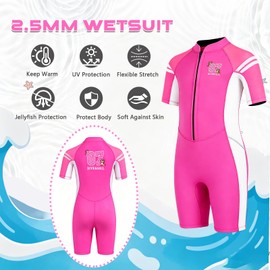 Skyone Wetsuit for Kids, Shorty Kids Wet Suits for Boys Girls Youth 2.5mm Neoprene Toddler Wetsuit, Thermal One Piece Kid Swimsuit for Swimming Diving Surfing (Girls Rose Red, 6)