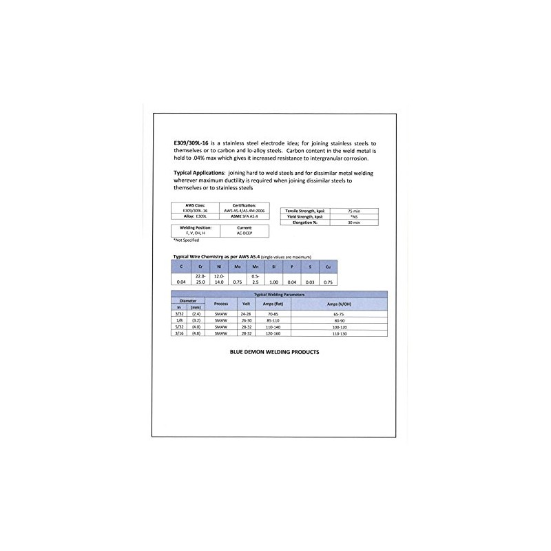 Blue Demon E309L-16 X 1/8" X 12" X 5LB Plastic