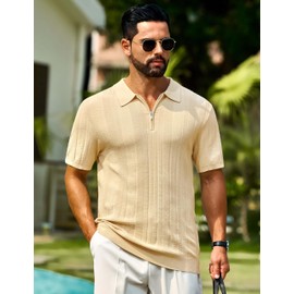 Cotrasen Mens Knit Polo Shirts Short Sleeve Zipper Polo Shirts Casual Lightweight Textured Golf Shirts Streetwear Light Khaki L