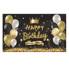 Happy Birthday Backdrop Banner Extra Large Black and Gold, Hanging Party Decoration Fabric Yard Sign Poster, It is Your Birthday Photo Booth Photography Background Supplies (1PCS)