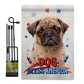 Breeze Decor Patriotic Fawn Pug Garden Flag Set with Stand Animals Dog Puppy Spoiled Paw Canine Fur Pet Nature Farm Animal Creature Small Decorative Gift Yard House Banner Made in USA 13 X 18.5