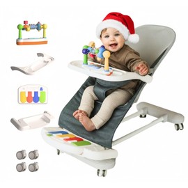 CuddoBaby Baby Bouncer 4-in-1 on Wheels |Detachable Pianos, Feeding Tray| 3-Level Recline Foldable Seat with Play Bar for Infant to Toddler 0-6, 0-12, 12-24 Months, Boy Gift Idea - Blue