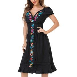 YZXDORWJ Women Mexican Embroidered Dress Ruffle Collar Sleeveless (S, 34BK)