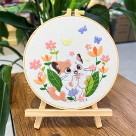 Meecaa Cat Flowers Animals Butterfly Embroidery Kit Starter Set, Hand Embroidery Set,Pattern Printed Cross Stitch Set for Beginner Adults, with Embroidery Hoop and Instructions (Flower 8)